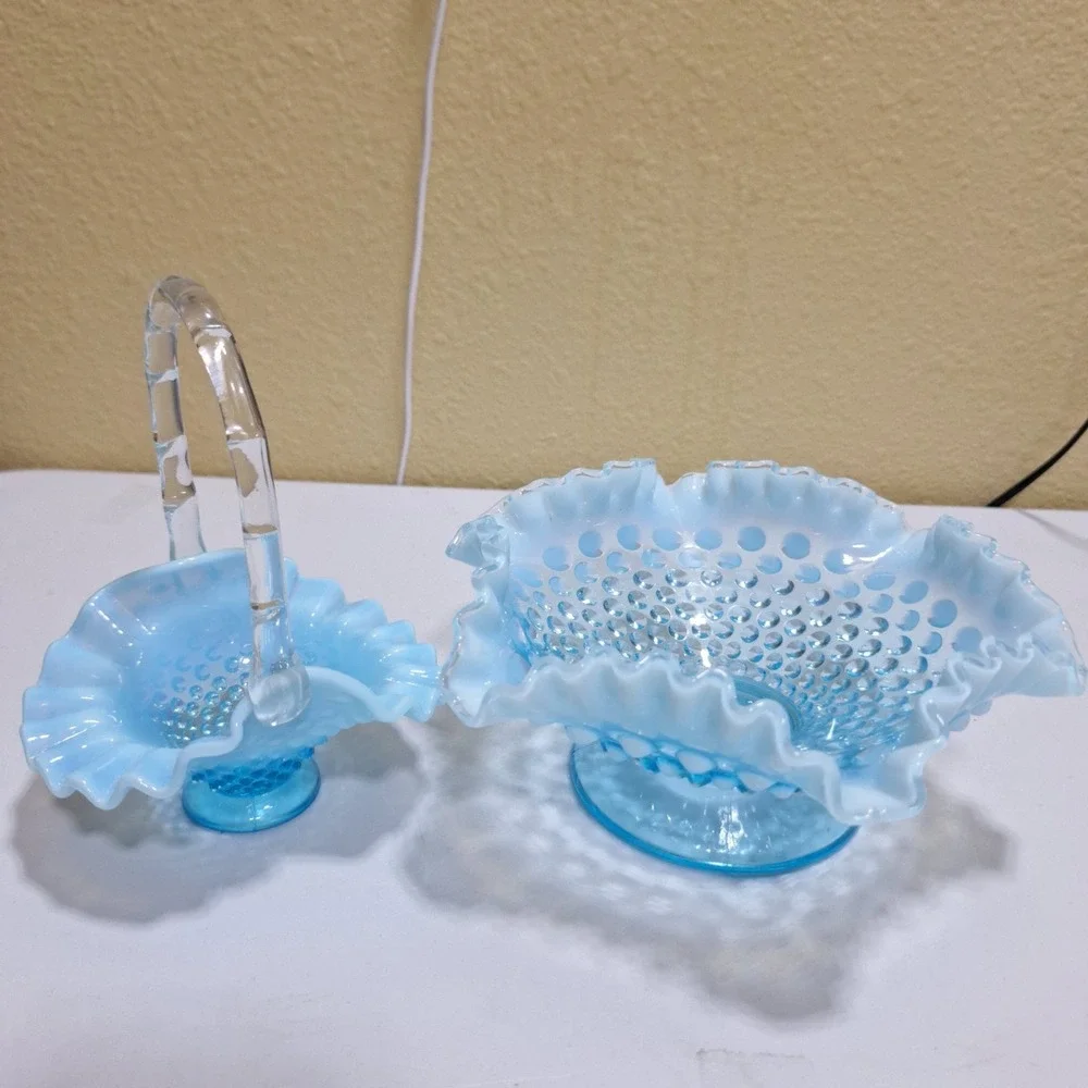 Vintage Fenton Blue Opalescent Hobnail Ruffled Bowl & Basket Set Milk Glass